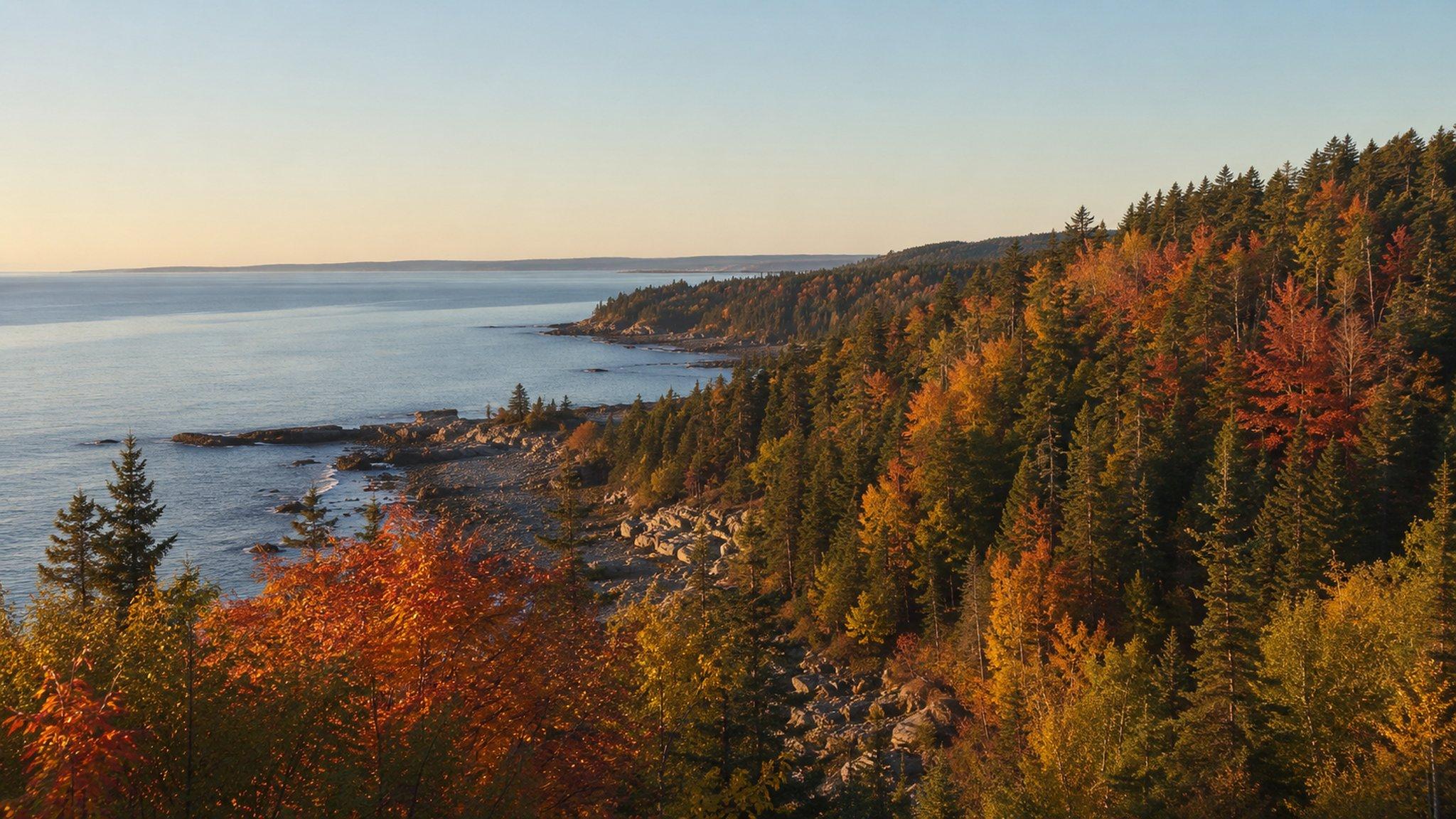 The Acadia coastline in autumn, foliage running down to the rocky shore