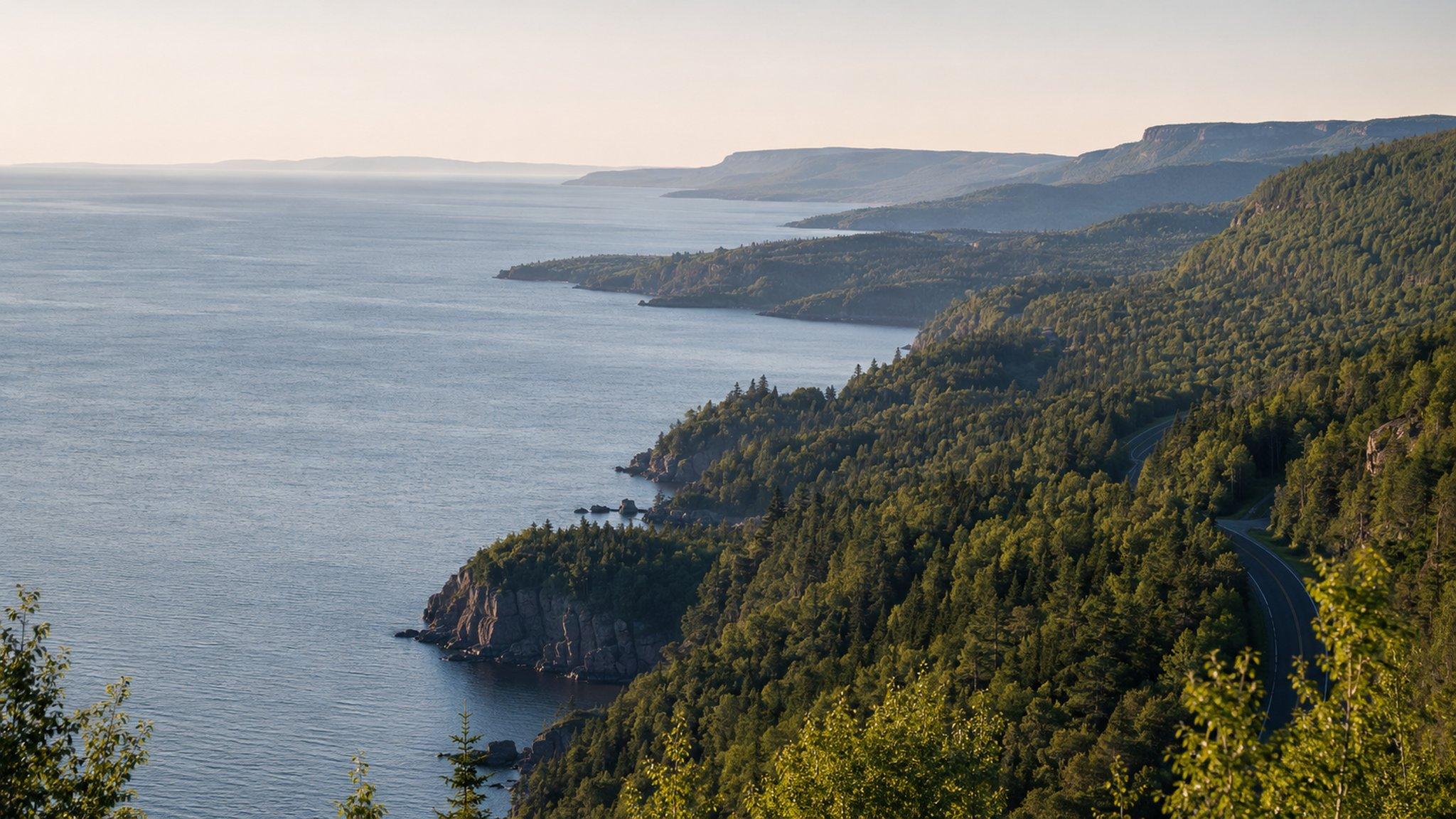The North Shore coastline, forested headlands receding into haze