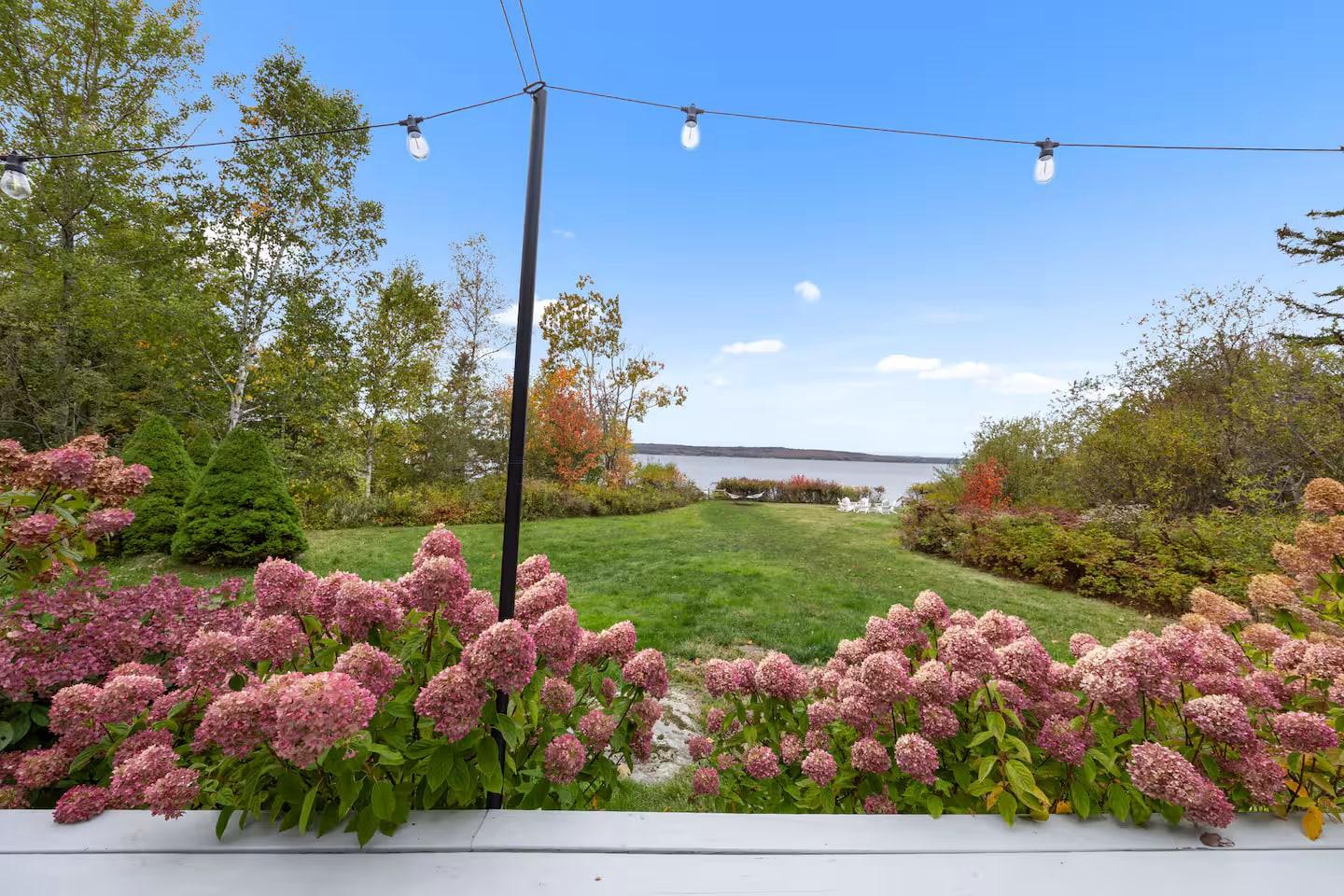 The bay framed by autumn hydrangeas and string lights from the deck at Eagles Nest
