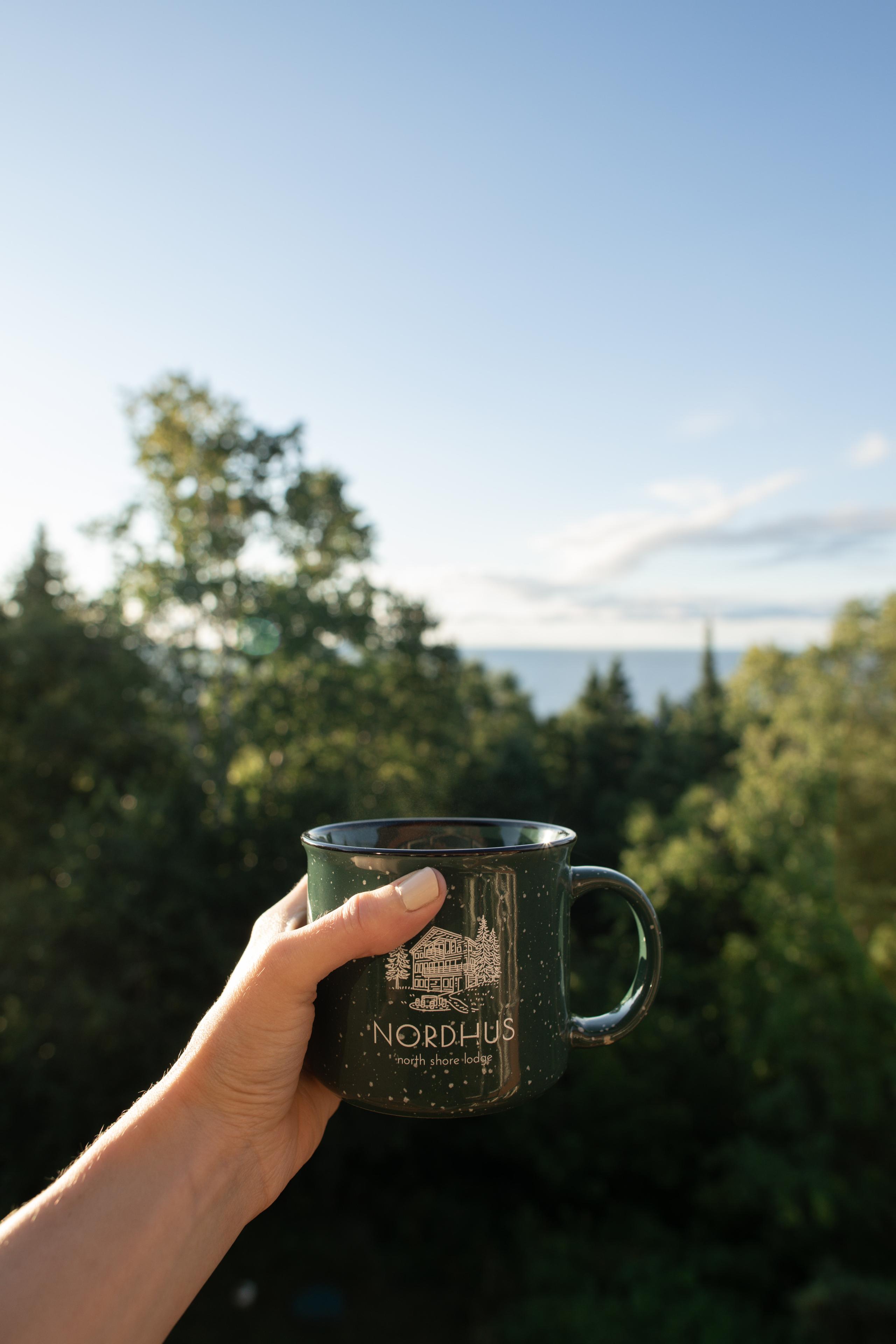 Branded mug with a Lake Superior view at Nordhus Lodge