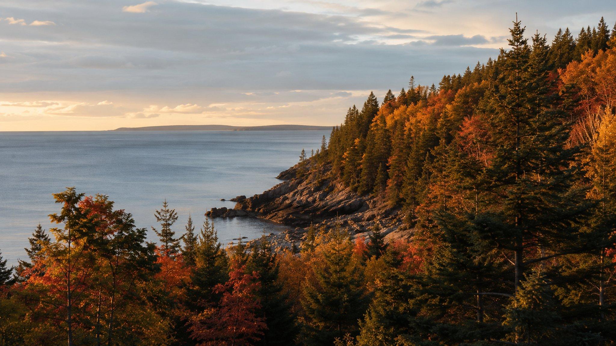 An autumn headland on the Acadia coast at golden hour