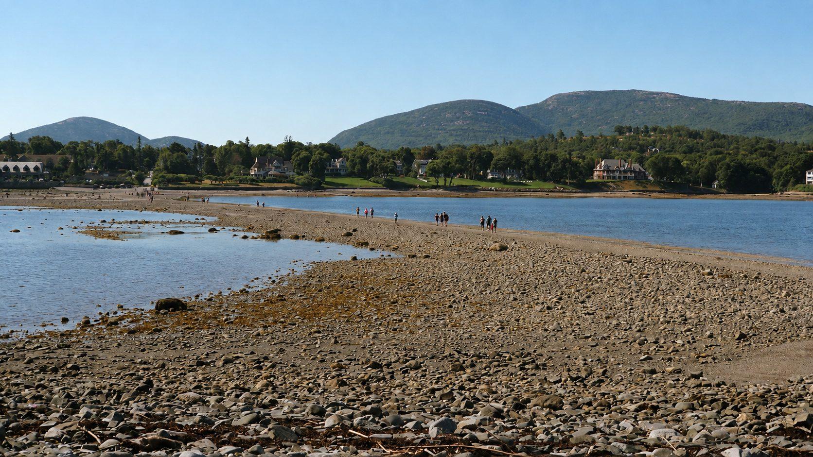 The gravel land bridge to Bar Island exposed at low tide, Bar Harbor, Maine