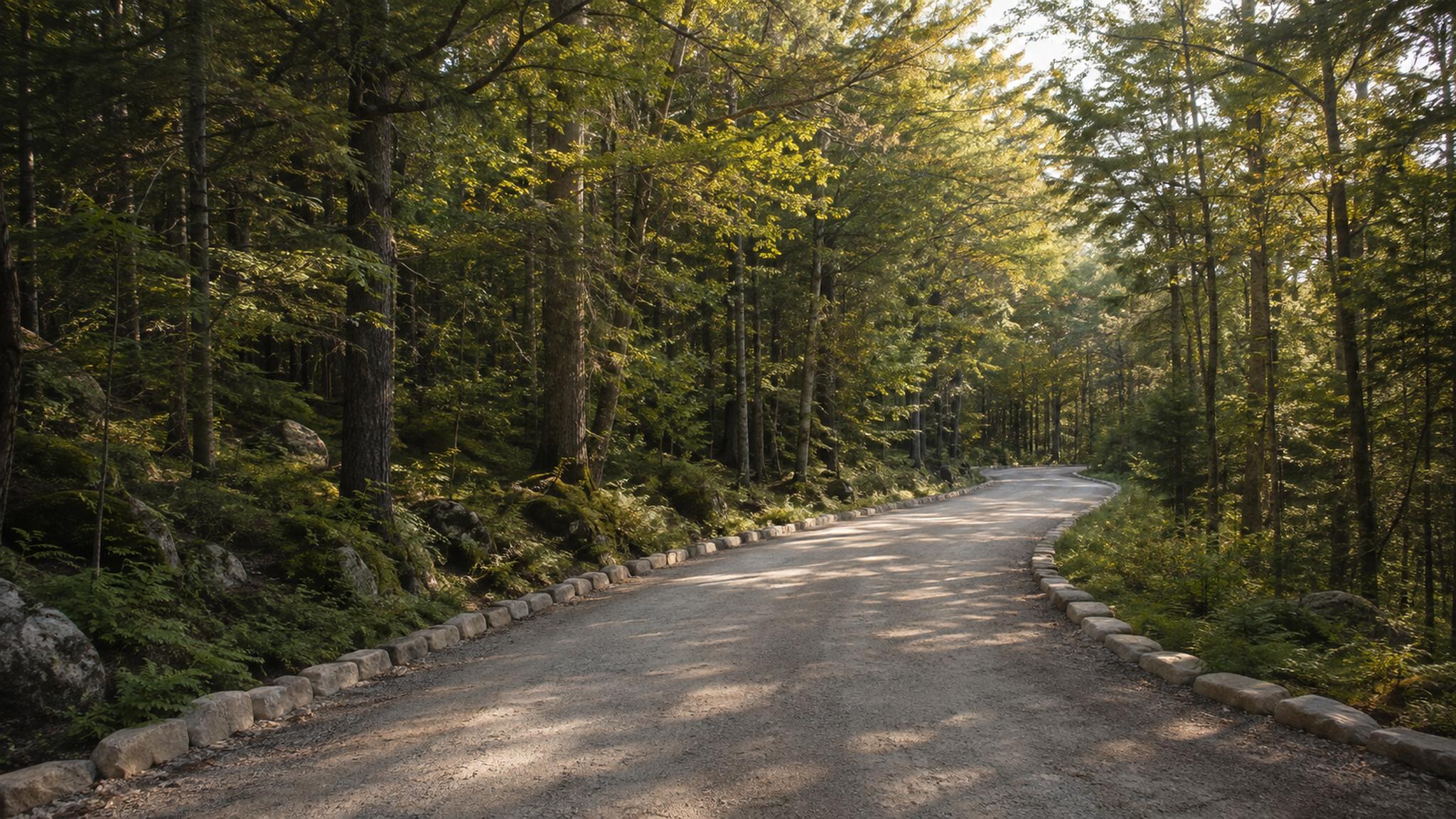 A carriage road curving through the woods in Acadia, granite coping stones along the edge