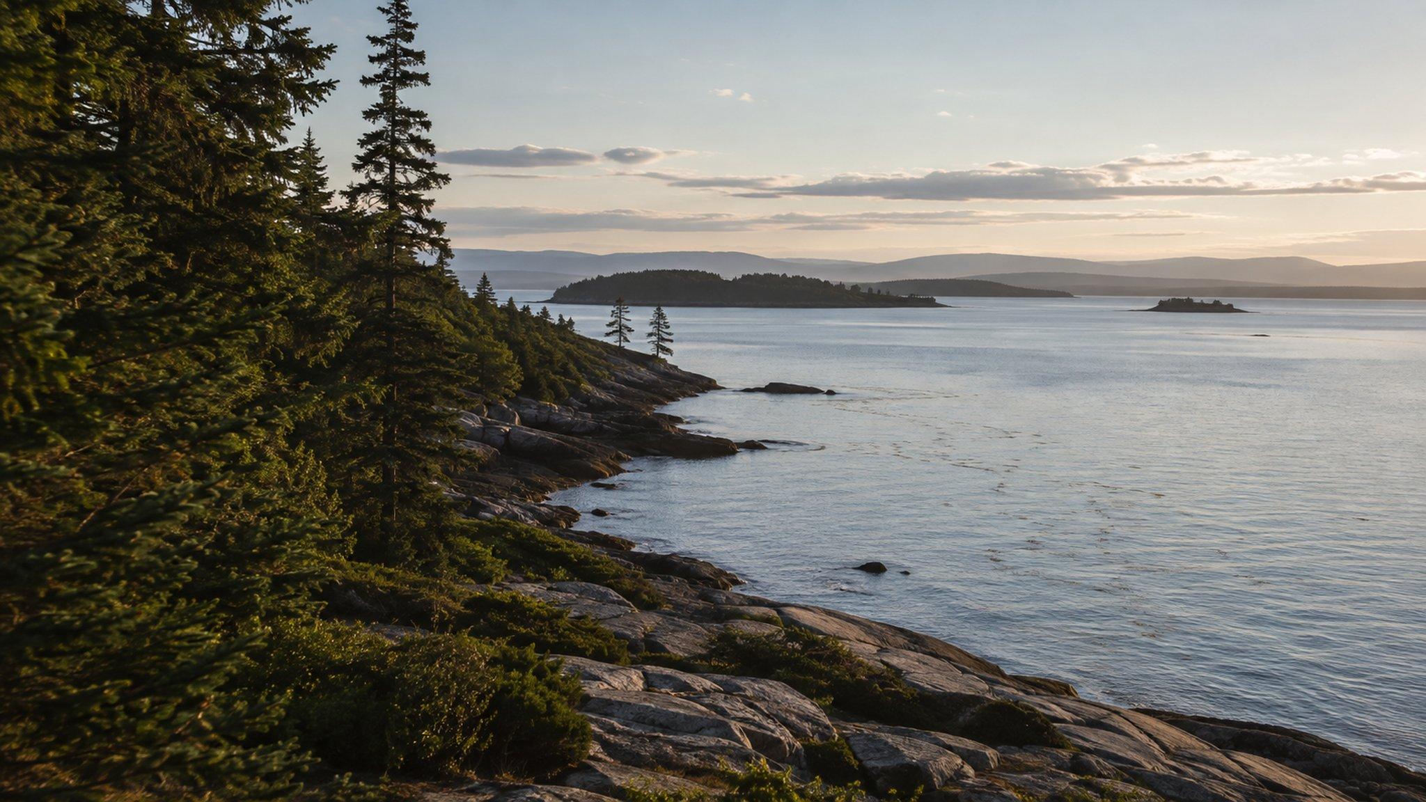 The Maine coast from a wooded bluff, islands layered into the distance