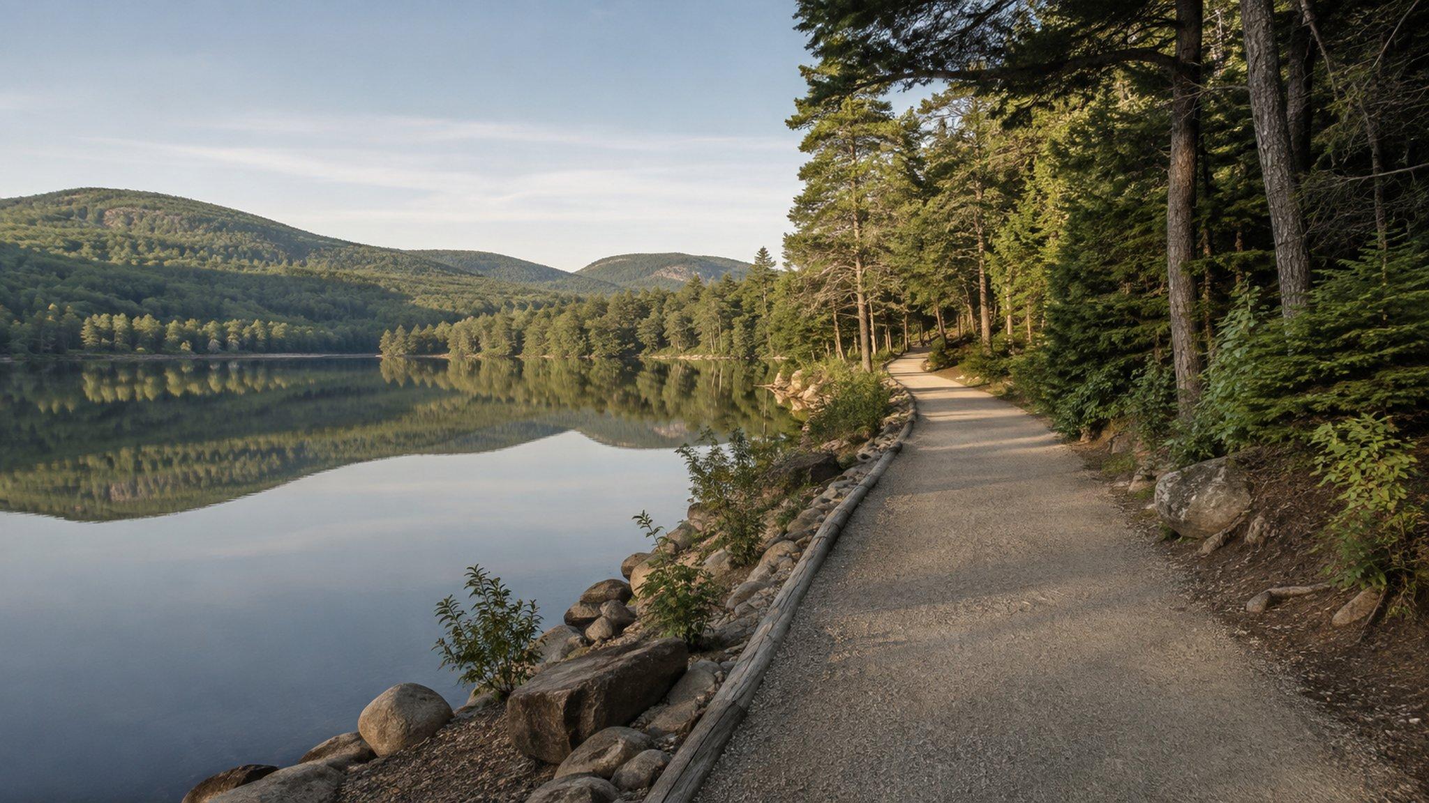 An easy gravel path beside a pond in Acadia on a still morning