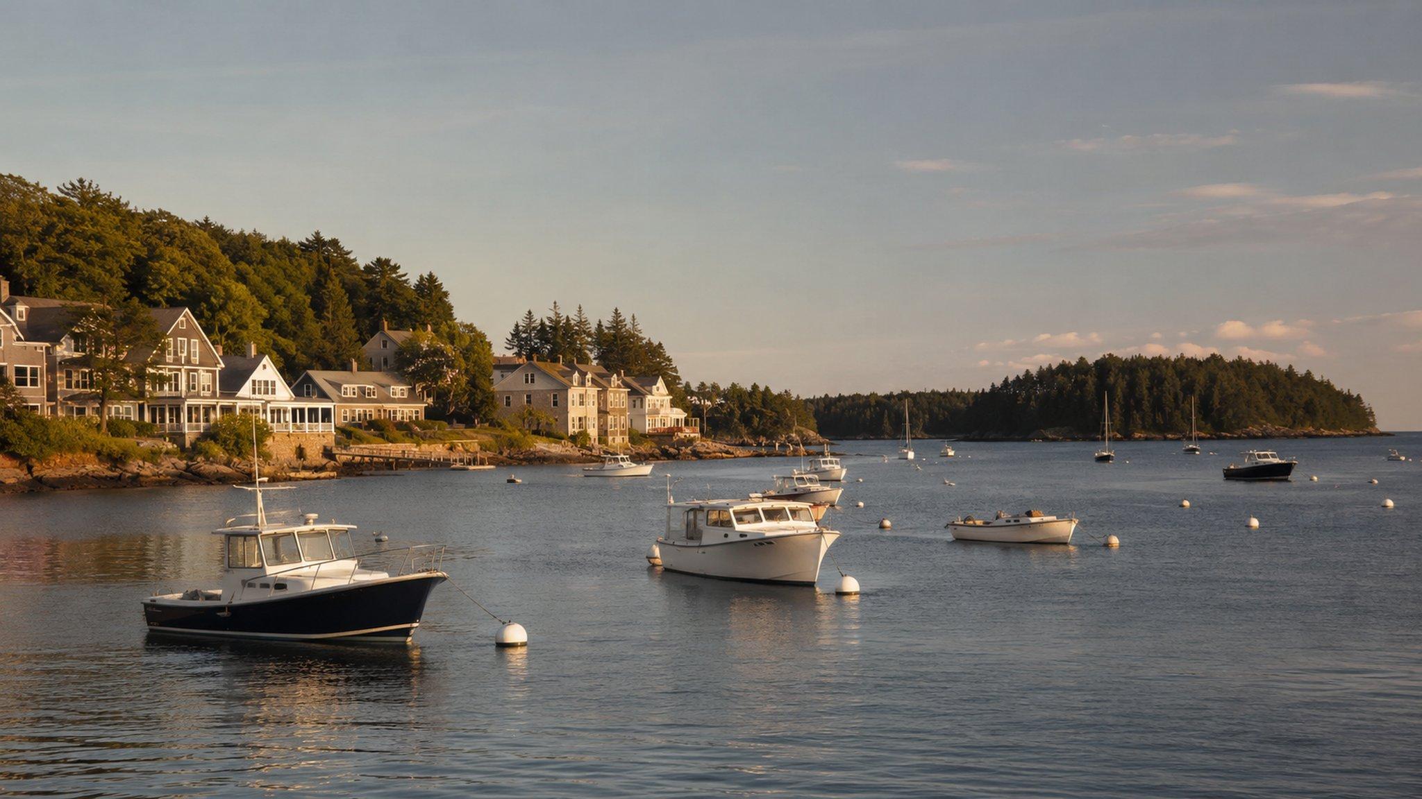 The Bar Harbor waterfront at golden hour, moored boats on calm water