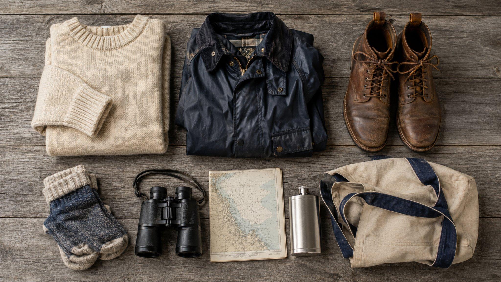 Sweater, rain jacket, boots, binoculars and a tide chart laid out on weathered wood