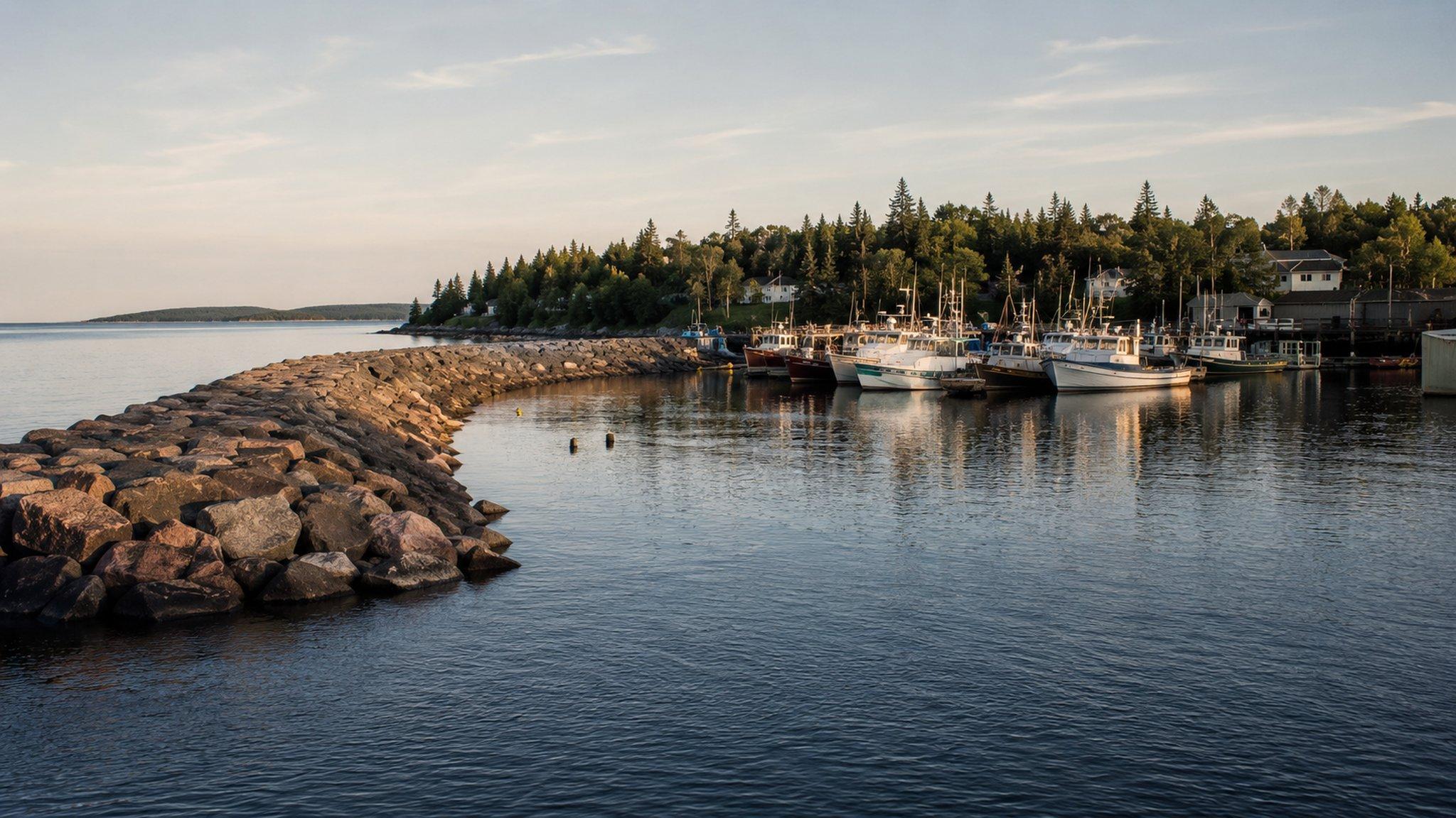 The harbour at Grand Marais, breakwater curving into calm water