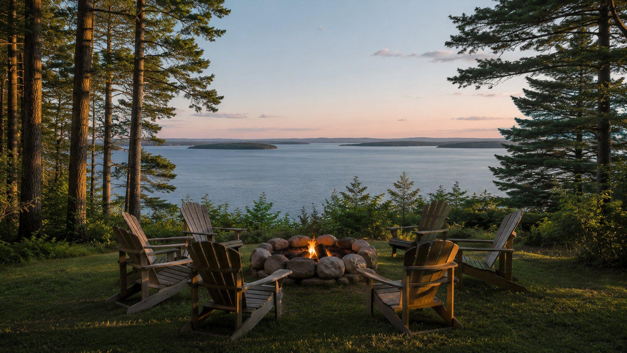 A firepit and chairs above the lake near Lutsen in the evening