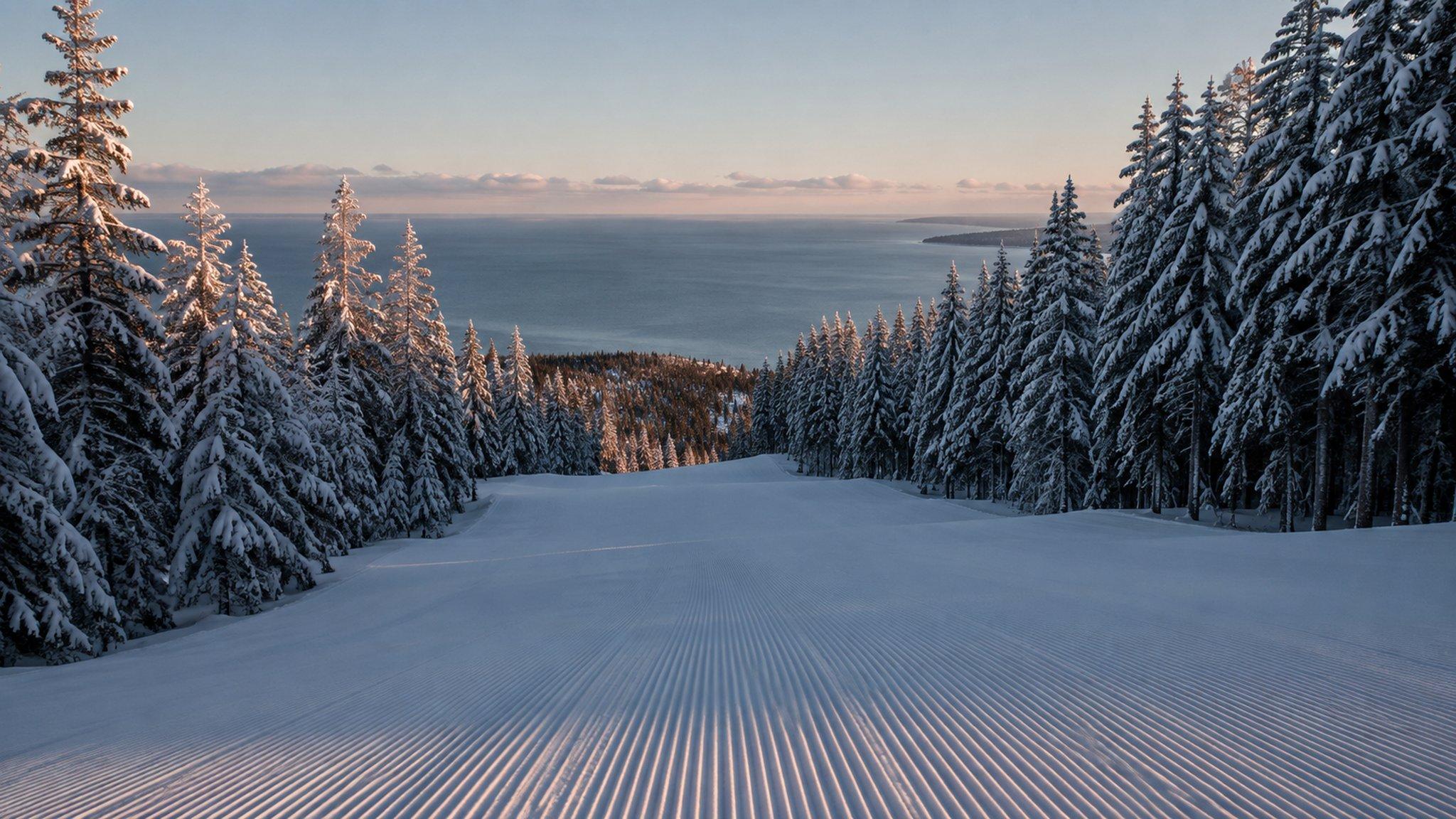 A freshly groomed run at Lutsen at first light, Lake Superior on the horizon