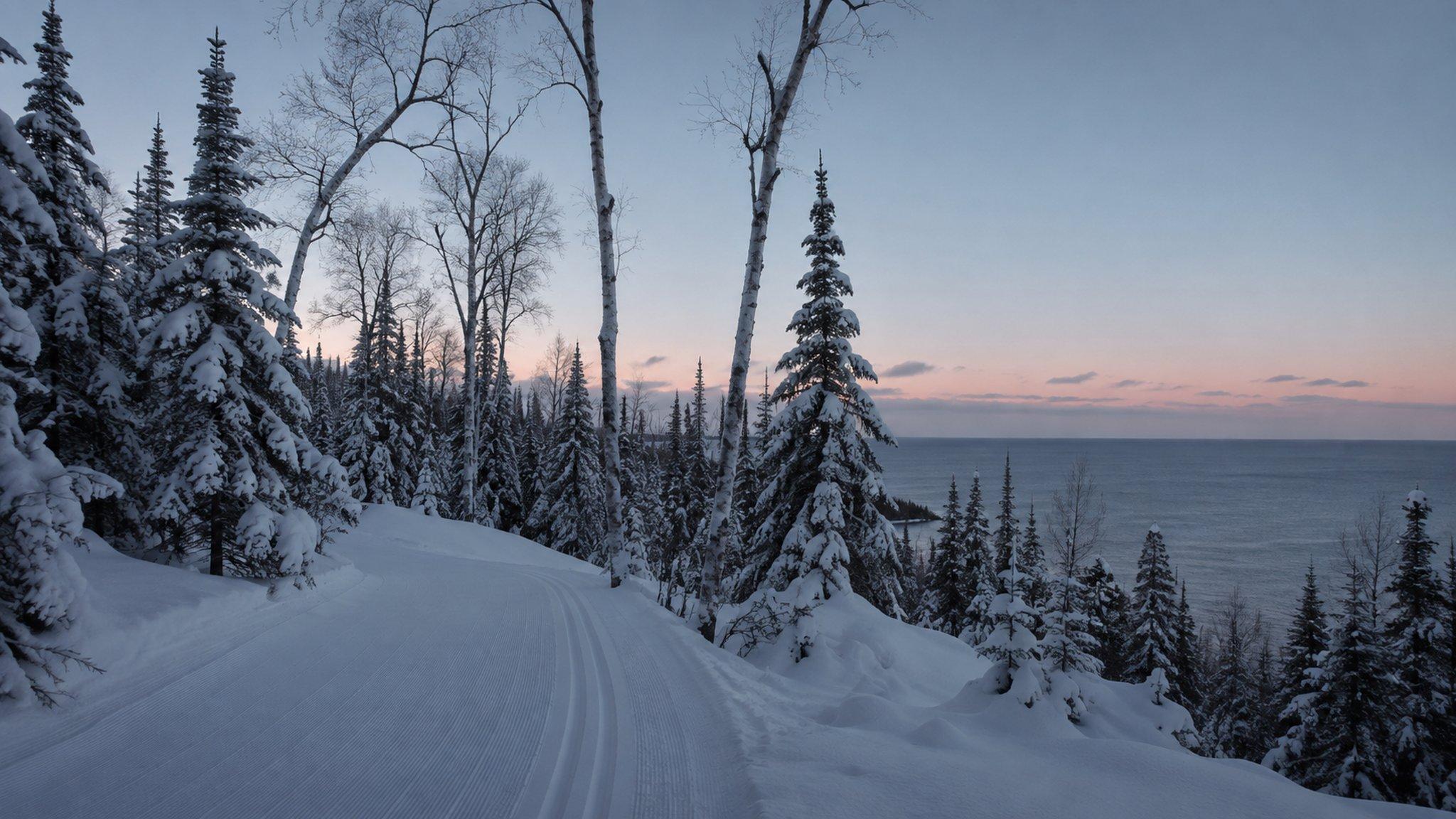 A groomed trail through snow-laden forest near Lutsen at blue hour
