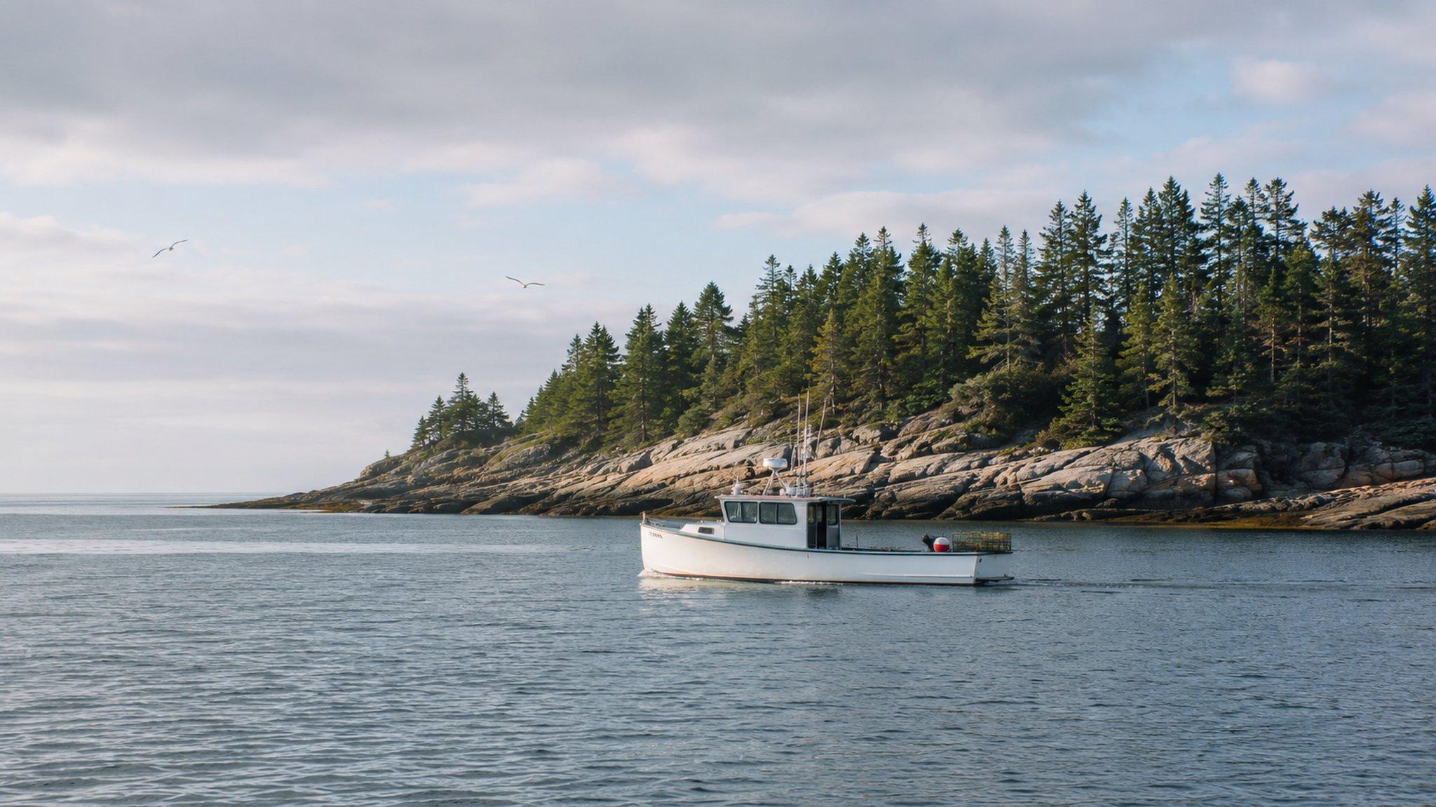 A small excursion boat off a wooded island on the Maine coast