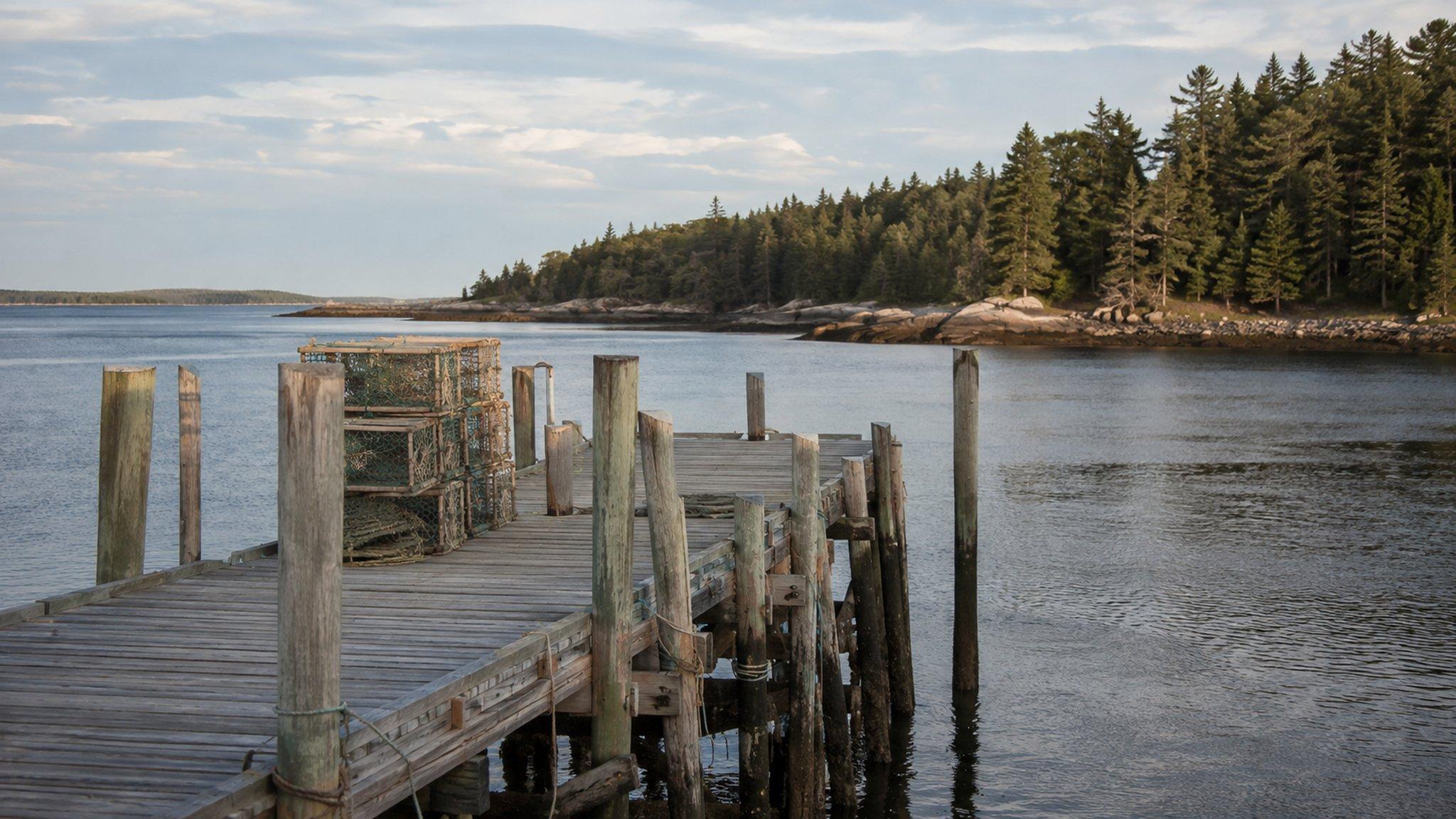 A weathered wooden dock on a quiet Maine tidal inlet