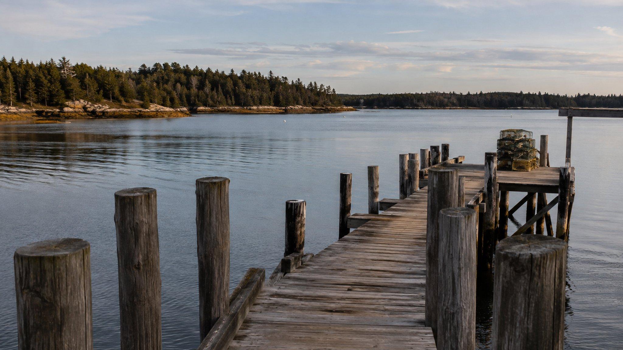 A weathered working pier on calm water on the Maine coast