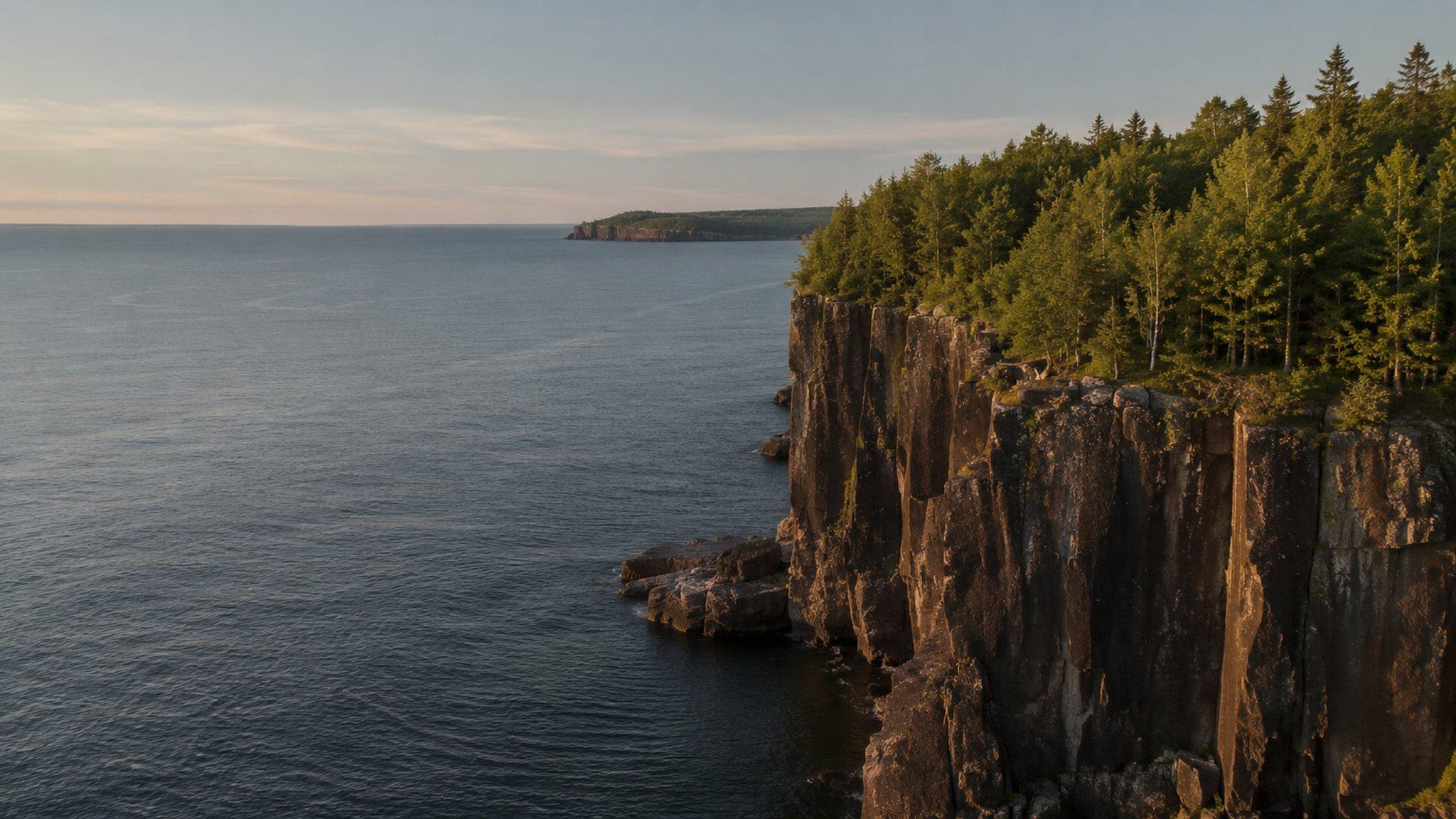 A basalt cliff dropping to Lake Superior south down the shore