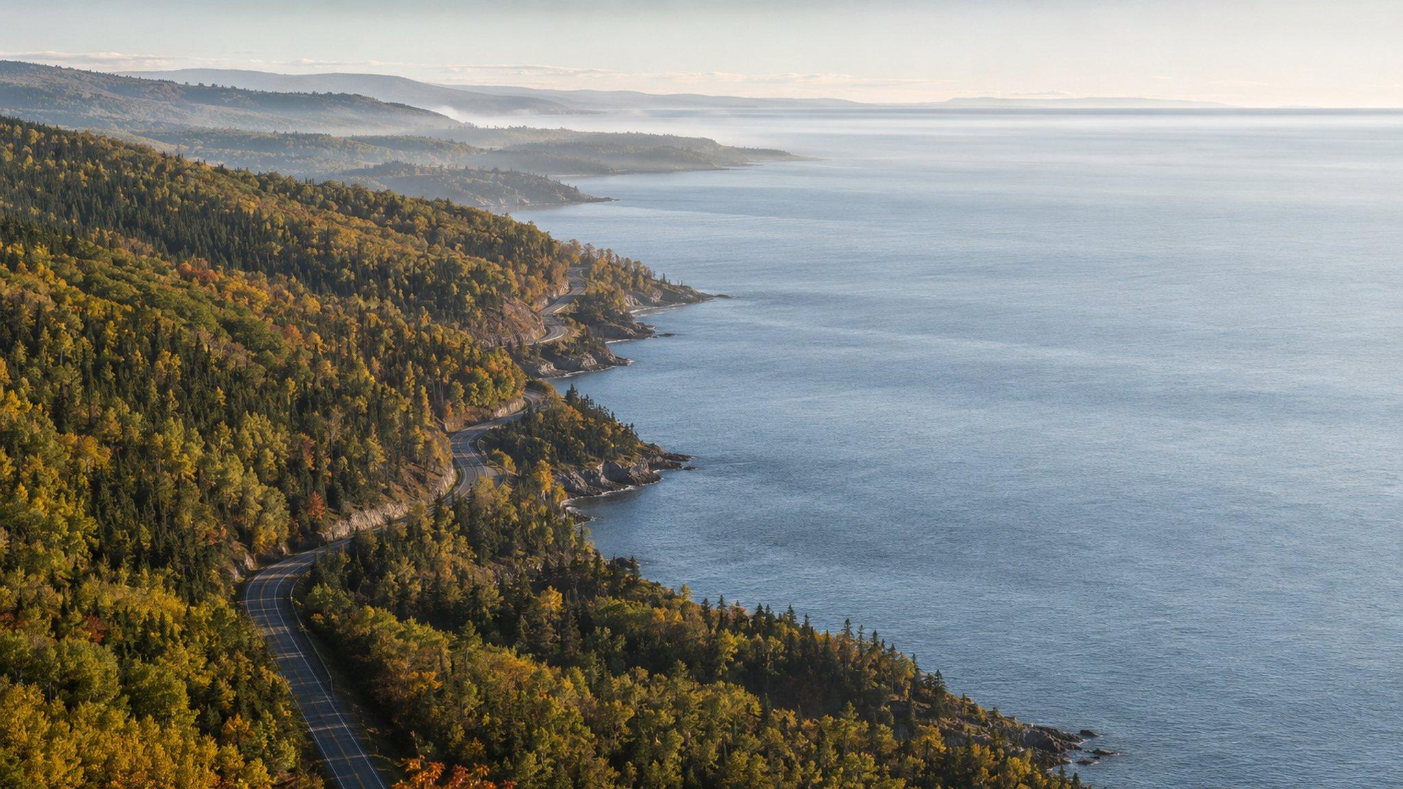 The North Shore coastline from the air, headlands stepping down toward Lake Superior