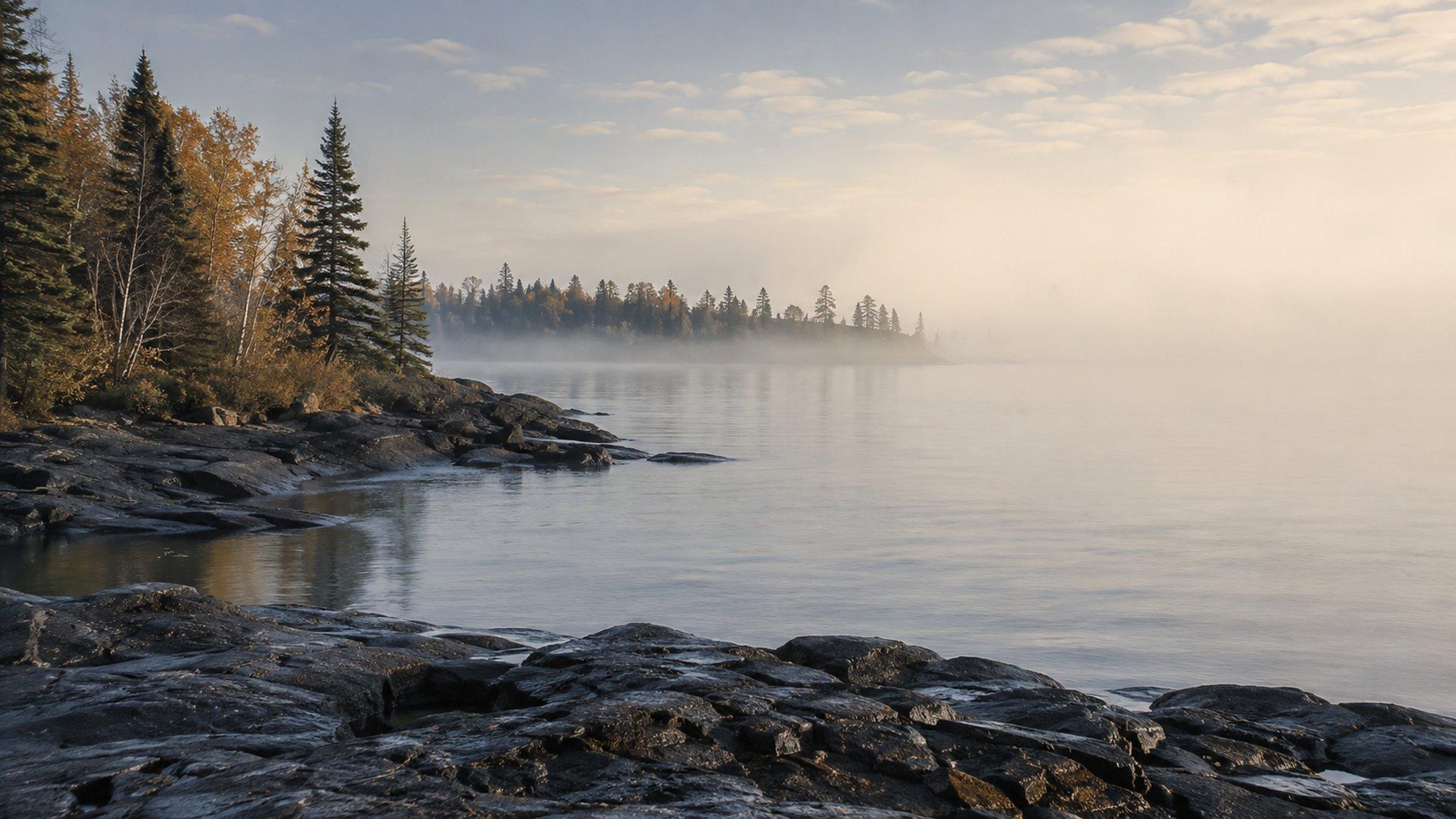Mist over the Lake Superior shoreline on a still October morning