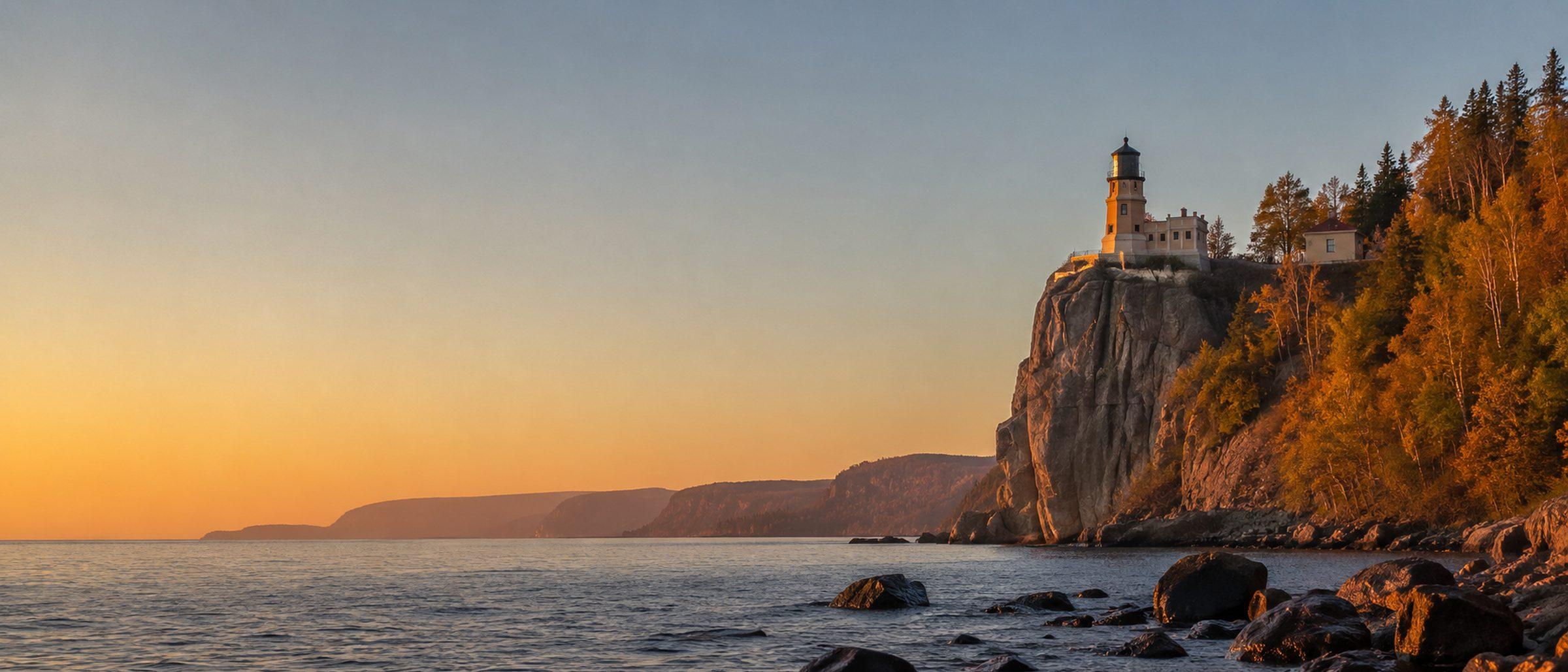 Split Rock Lighthouse above Lake Superior at sunset, on the Highway 61 North Shore drive