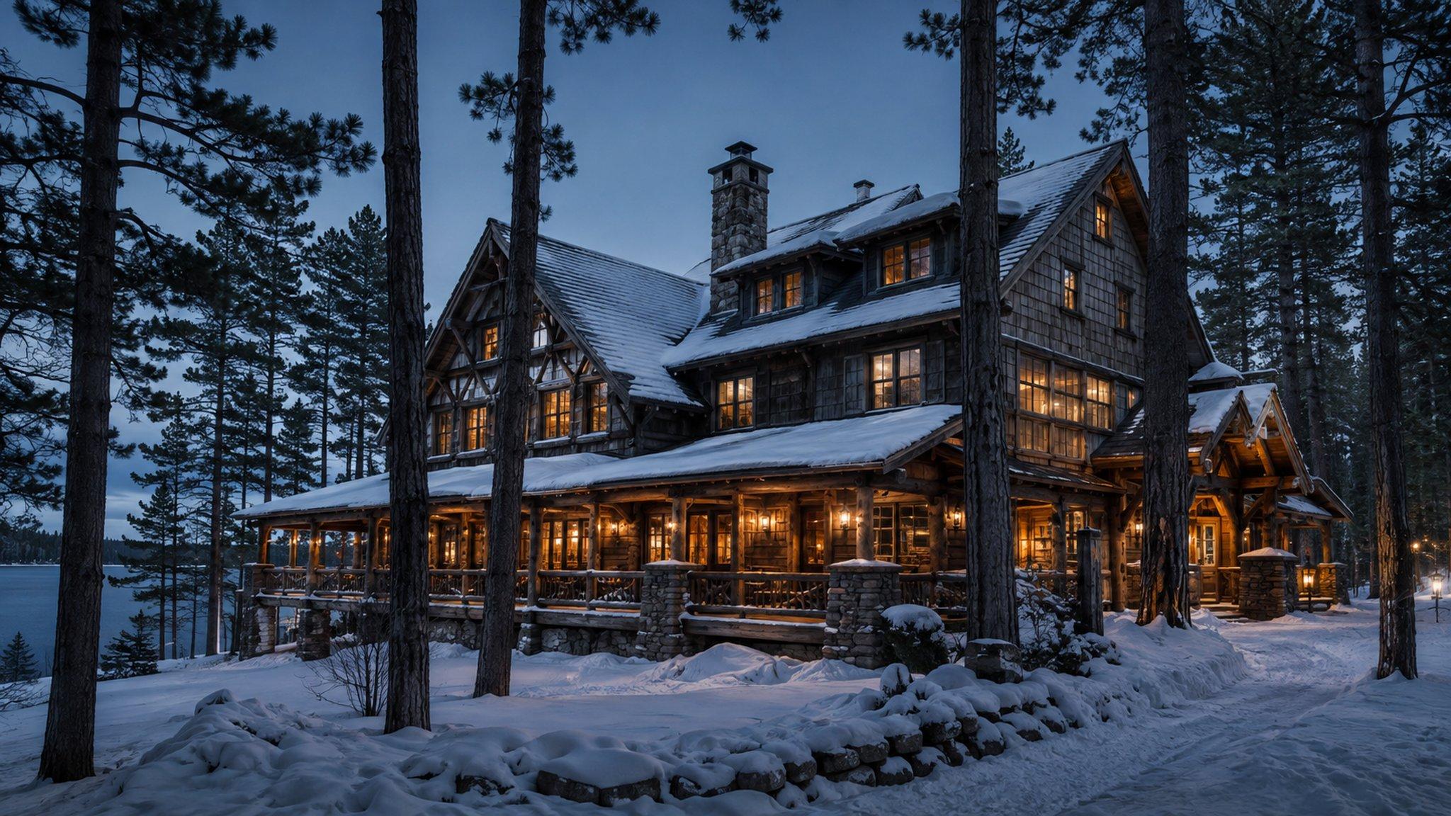 A timber lodge among pines in winter, lamplight in the windows