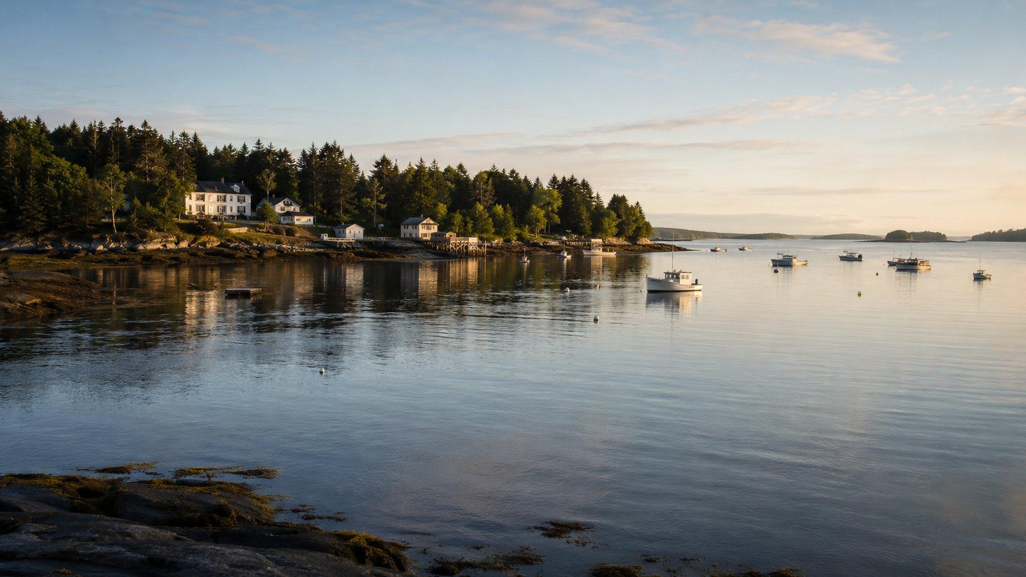 Moored boats on a quiet tidal bay near Eagles Nest at golden hour